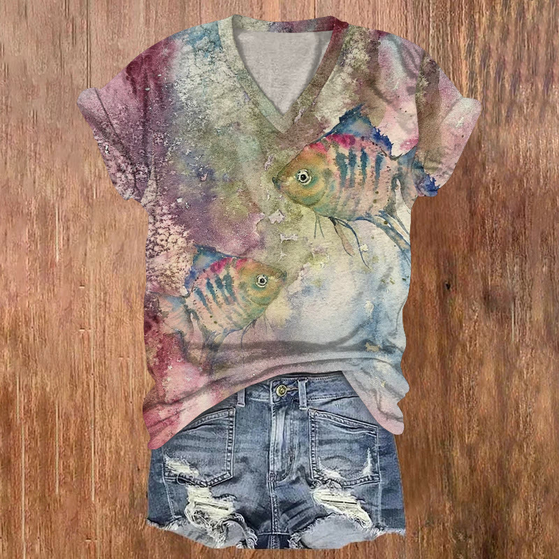 Ocean Watercolor Gradient Tropical Fish Pattern Print Short Sleeved V-neck T-shirt - Pink - US32-34(5XL) - image 1