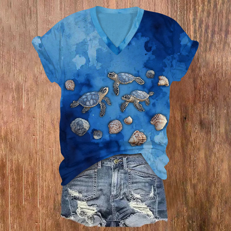 Ocean Watercolor Turtles And Seashells Pattern Print Short Sleeved V-neck T-shirt - Dark Blue - US32-34(5XL) - image 1