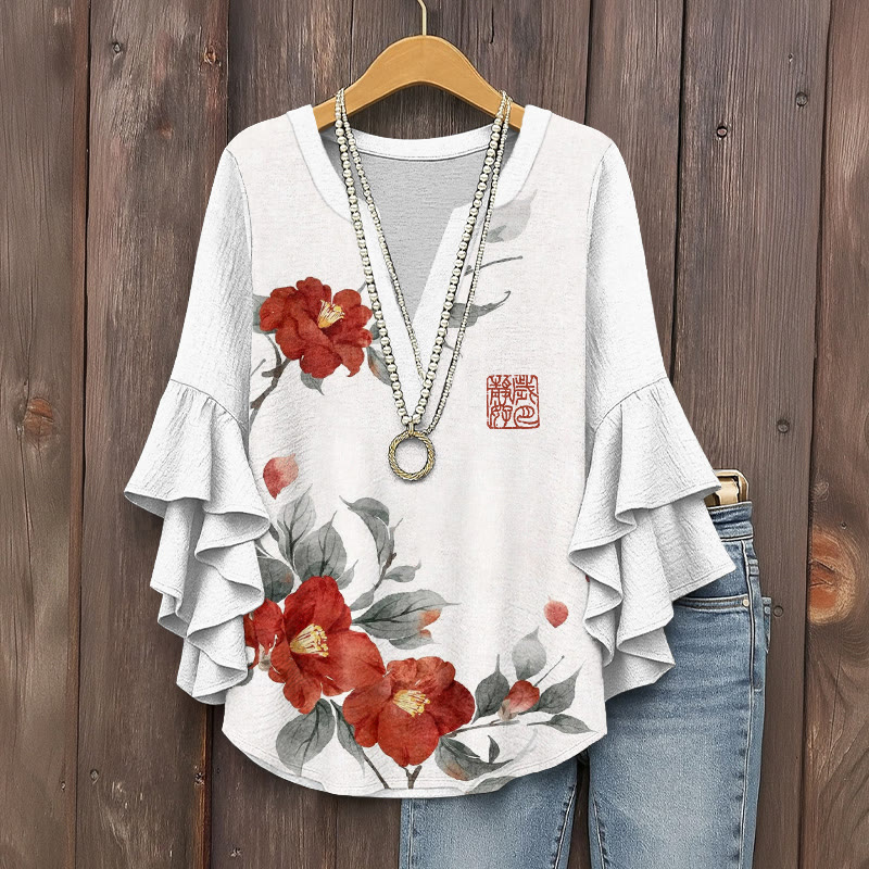 Japanese Watercolor Camellia Pattern Print V-neck Half Sleeve Blouse - White - 5XL - image 1