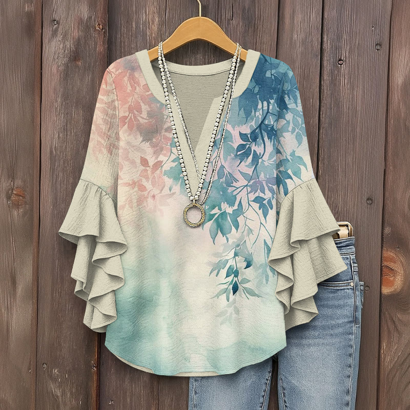 Japanese Watercolor Gradient Leaves Silhouette Pattern Print V-neck Half Sleeve Blouse - Light Green - 5XL - image 1
