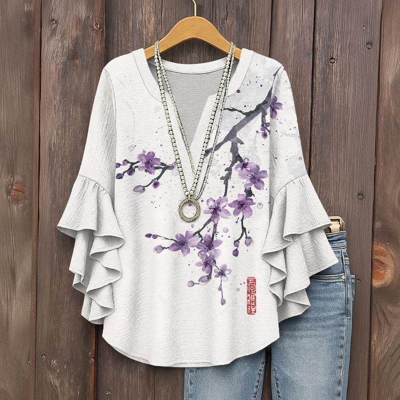 Japanese Watercolor Sakura Pattern Print V-neck Half Sleeve Blouse - White - 5XL - image 1