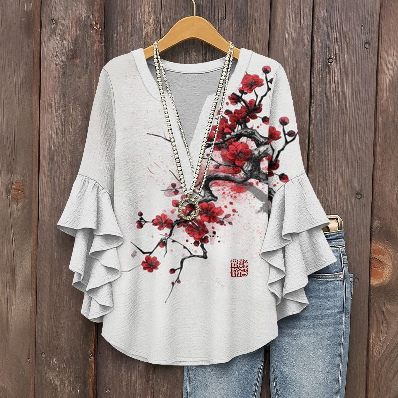 Japanese Watercolor Plum Blossoms Pattern Print V-neck Half Sleeve Blouse - White - 5XL - image 1
