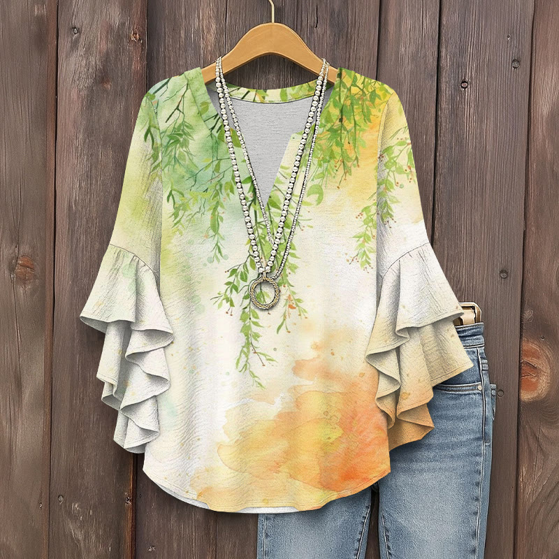 Vintage Watercolor Gradient Willow Leaves Pattern Print V-neck Half Sleeve Blouse - Orange - 5XL - image 1