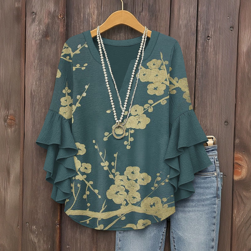 Japanese Floral Art Print V-neck Half Sleeve Blouse - Blue - 5XL - image 1