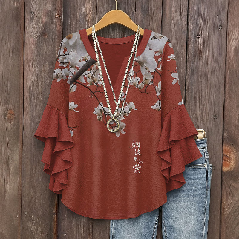 Vintage Classical Plum Blossom Pattern Print V-neck Half Sleeve Blouse - Red - 5XL - image 1