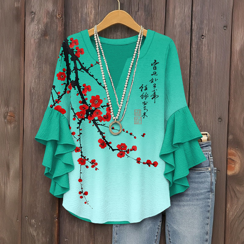 Japanese Vintage Plum Blossom Art Print V-neck Half Sleeve Blouse - Blue - 5XL - image 3