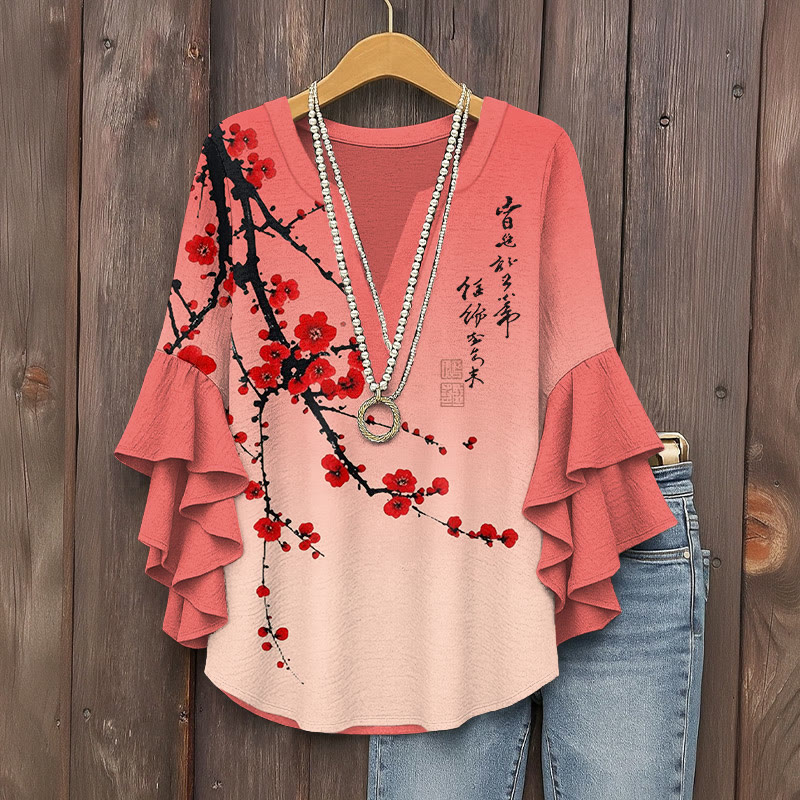 Japanese Vintage Plum Blossom Art Print V-neck Half Sleeve Blouse - Pink - 5XL - image 2