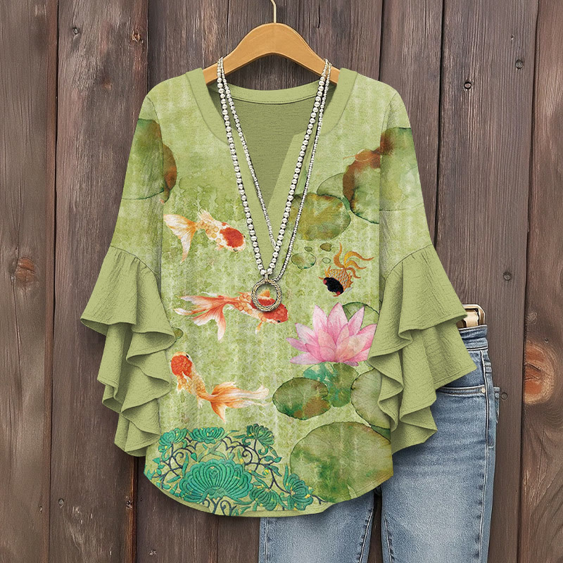 Japanese Goldfish And Lotus Art Print V-neck Half Sleeve Blouse - Green - 5XL - image 1
