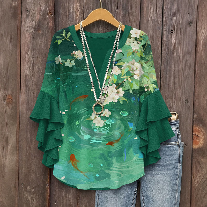 Japanese Sakura Goldfish Circle Lotus Pond Art Print V-neck Half Sleeve Blouse - Green - 5XL - image 1