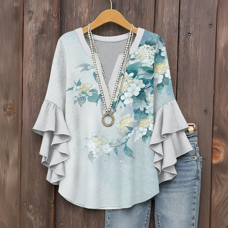 Vintage Watercolor Viburnum Pattern Print V-neck Half Sleeve Blouse - Light Blue - 5XL - image 1