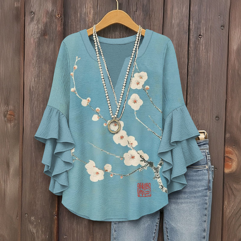 Japanese White Cherry Blossoms Pattern Print V-neck Half Sleeve Blouse - Light Blue - 5XL - image 1