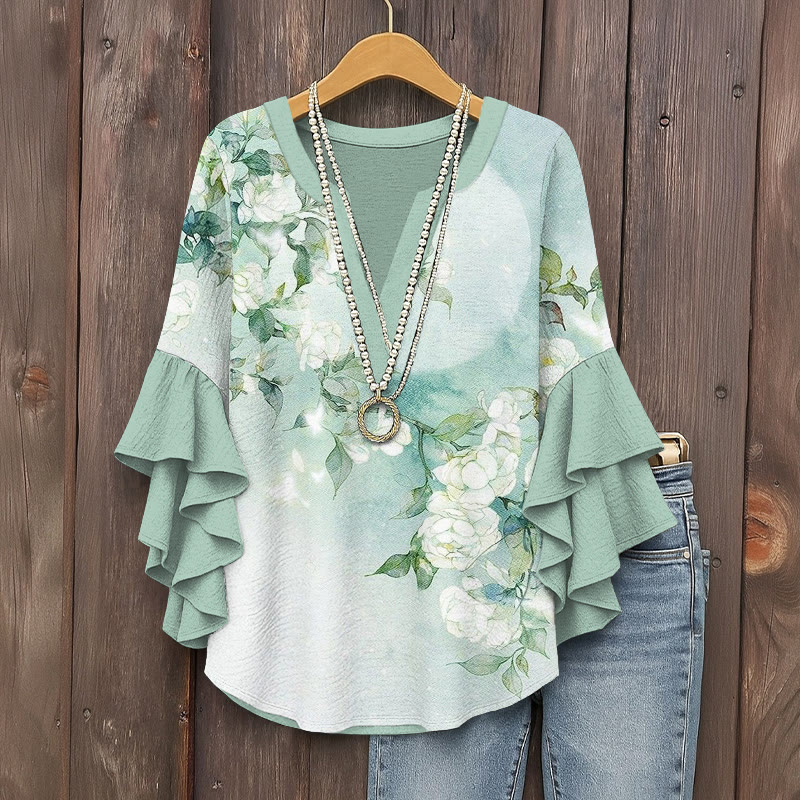 Japanese White Jasmine Pattern Print V-neck Half Sleeve Blouse - Light Green - 5XL - image 1