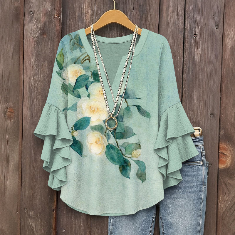 Japanese Elegant Watercolor Camellia Pattern Print V-neck Half Sleeve Blouse - Light Green - 5XL - image 1