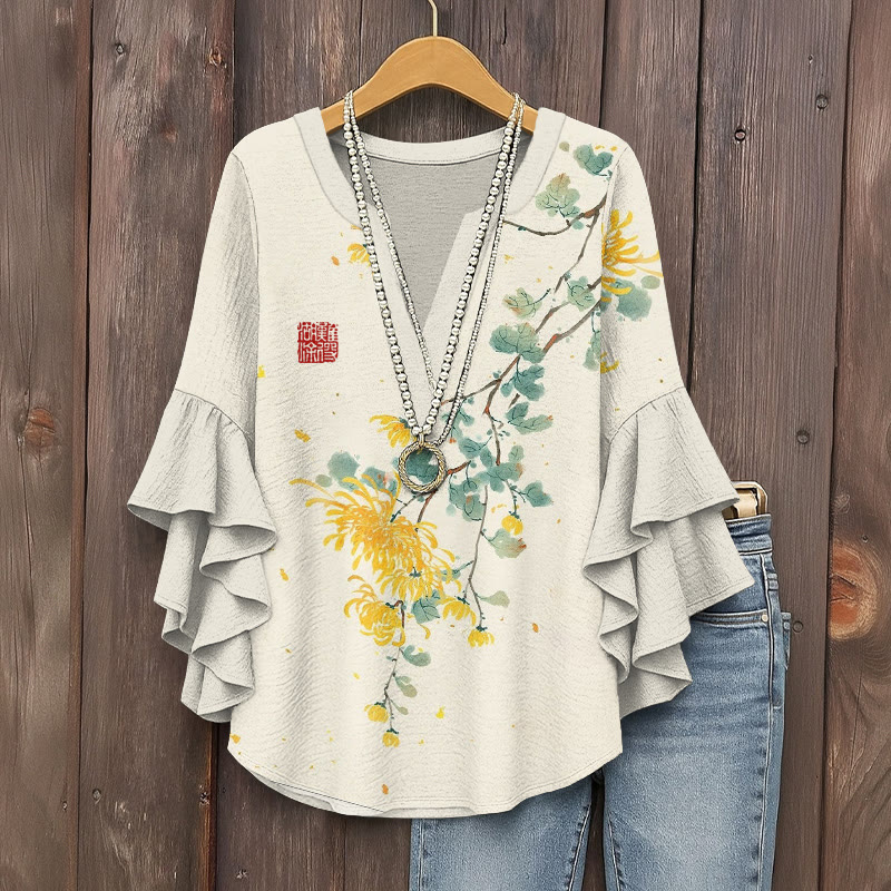 Japanese Elegant Chrysanthemum Pattern Print V-neck Half Sleeve Blouse - Apricot - 5XL - image 1