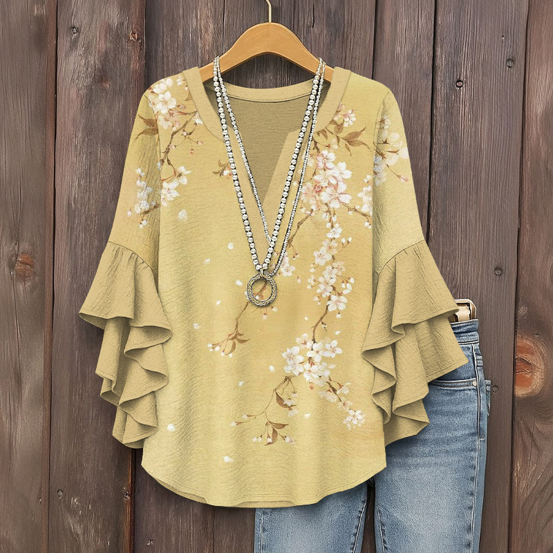Japanese  Cherry Blossoms Scattered Pattern Print V-neck Half Sleeve Blouse - Yellow - 5XL - image 1