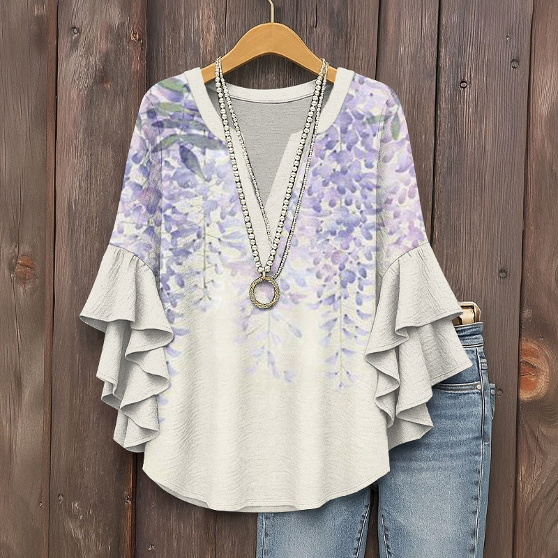 Japanese  Delicate Watercolor Wisteria Pattern Print V-neck Half Sleeve Blouse - Apricot - 5XL - image 1