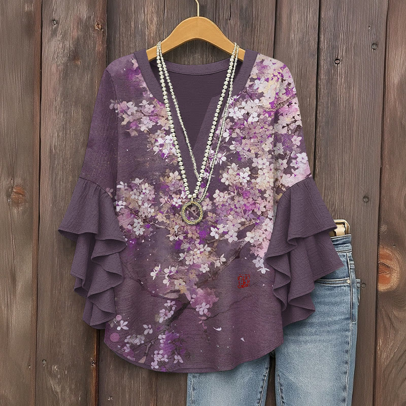 Japanese Sakura Cherry Blossom Art Pattern Print V-neck Half Sleeve Blouse - Purple - 5XL - image 1
