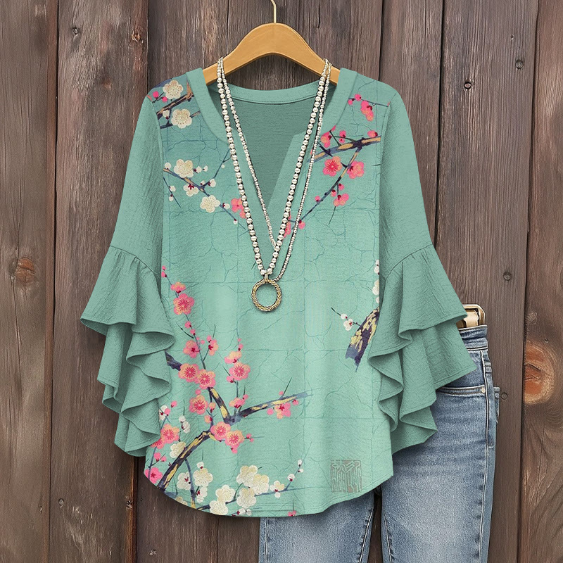 Retro Two-color Sakura Art Print V-neck Half Sleeve Blouse - Green - 5XL - image 1
