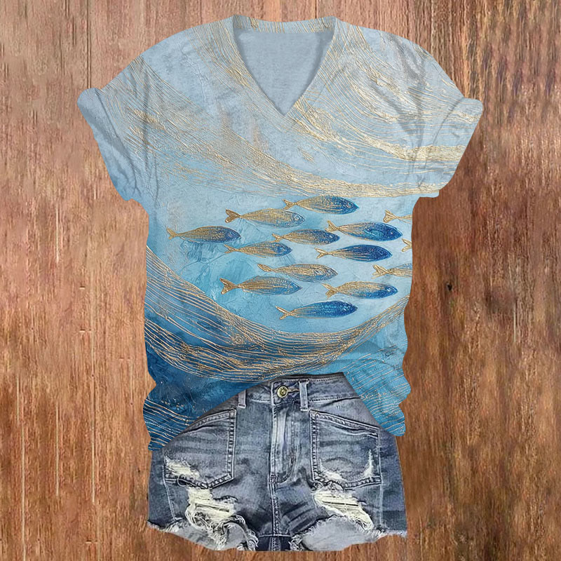 Creative Gold Powder Ocean Fish Print Short Sleeved V-neck T-shirt - Blue - US32-34(5XL) - image 1
