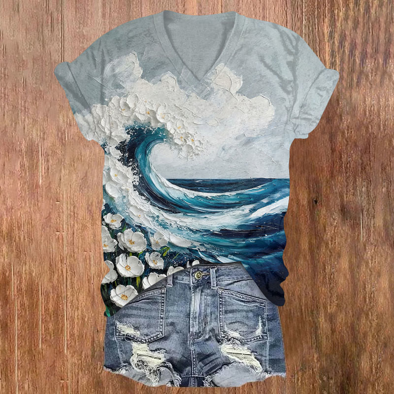 Oil Painting Ocean Wave & Floral Art Print Short Sleeved V-neck T-shirt - Light Gray - US32-34(5XL) - image 1