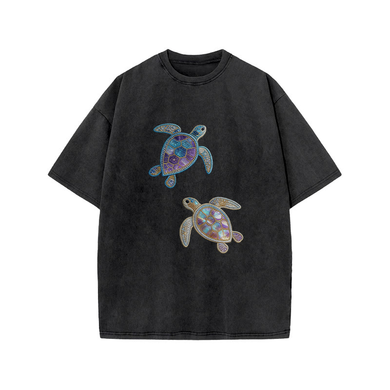 Creative Gemstone Sea Turtle Print Acid Washed T-shirt - Black - US20-22(3XL) - image 2