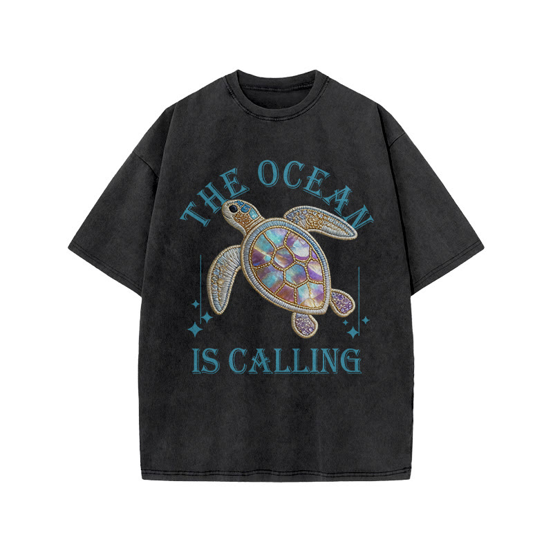 The Ocean Is Calling Sea Turtle Print Acid Washed T-shirt - Black - US20-22(3XL) - image 2
