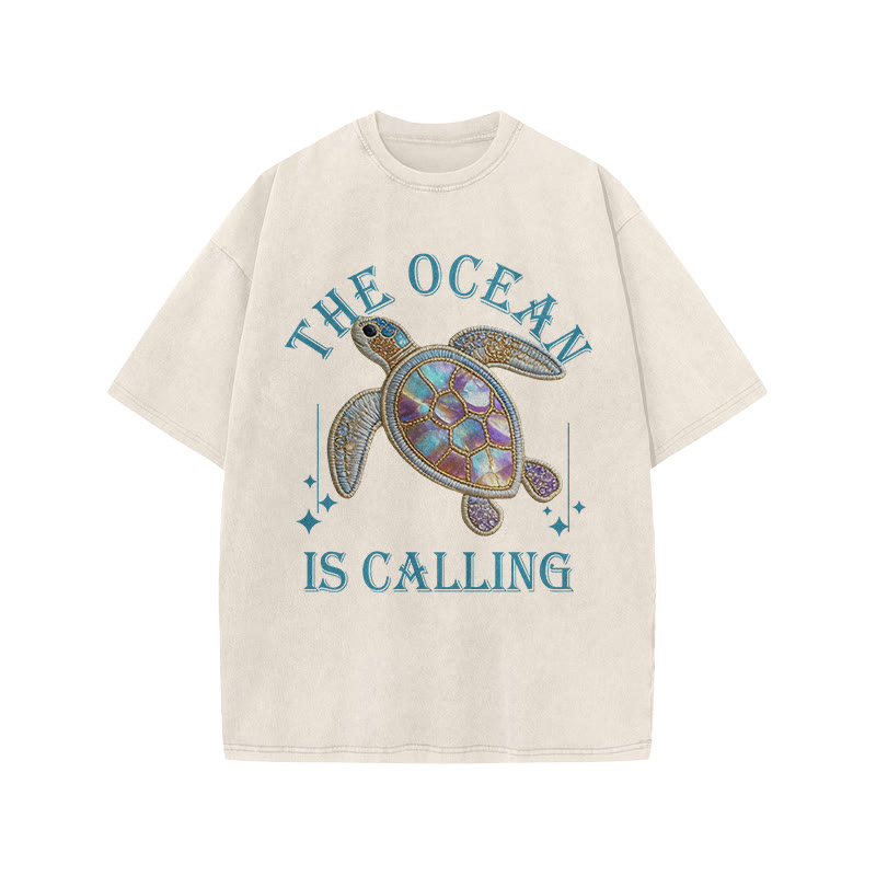 The Ocean Is Calling Sea Turtle Print Acid Washed T-shirt - Beige - US20-22(3XL) - image 1
