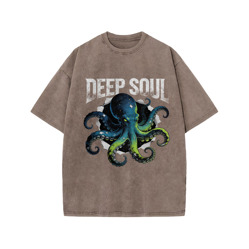 Ombre Octopus Deep Soul Print Acid Washed T-shirt - Coffee - US20-22(3XL) - image 4