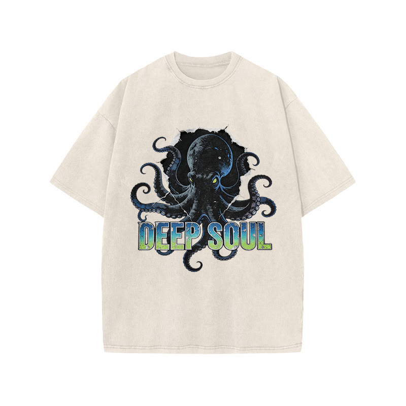 Deep Soul Black Octopus Print Acid Washed T-shirt - Beige - US20-22(3XL) - image 3