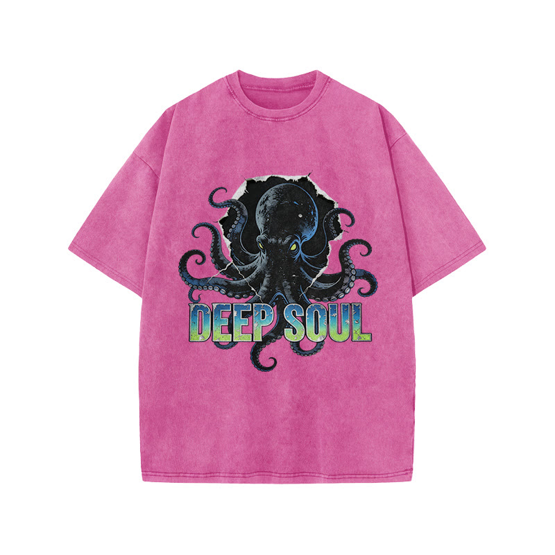 Deep Soul Black Octopus Print Acid Washed T-shirt - Pink - US20-22(3XL) - image 1