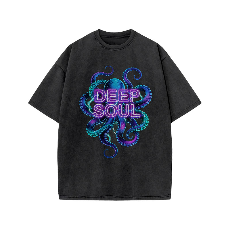 Deep Soul Colored Octopus Print Acid Washed T-shirt - Black - US20-22(3XL) - image 3