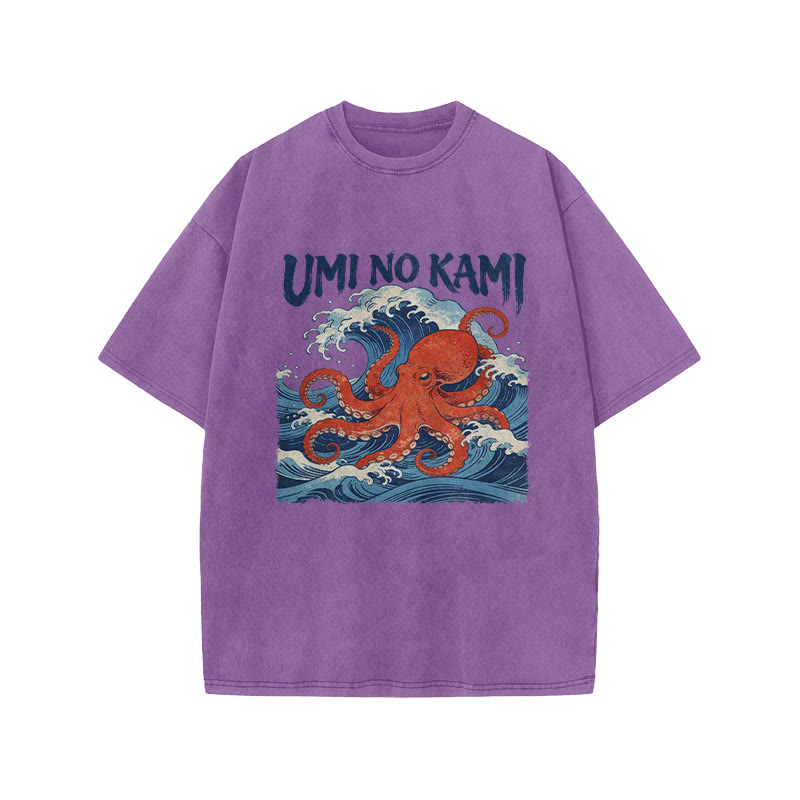 Japanese Ocean Wave Octopus Print Acid Washed T-shirt - Purple - US20-22(3XL) - image 2