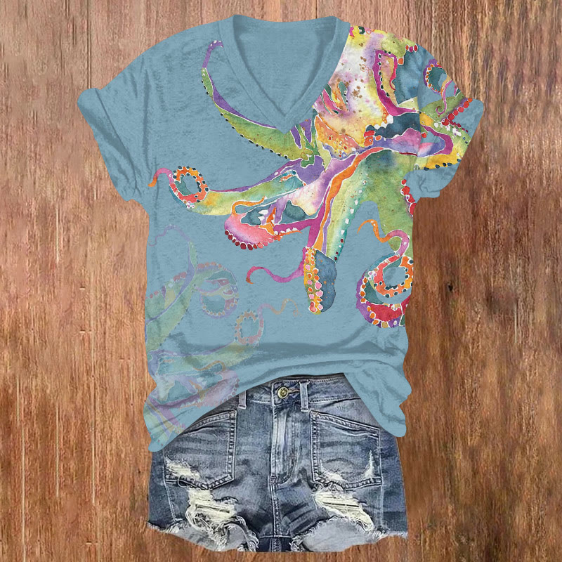 Ocean Summer Watercolor Octopus Art Pattern Print Short Sleeved V-neck T-shirt - Light Blue - US32-34(5XL) - image 2