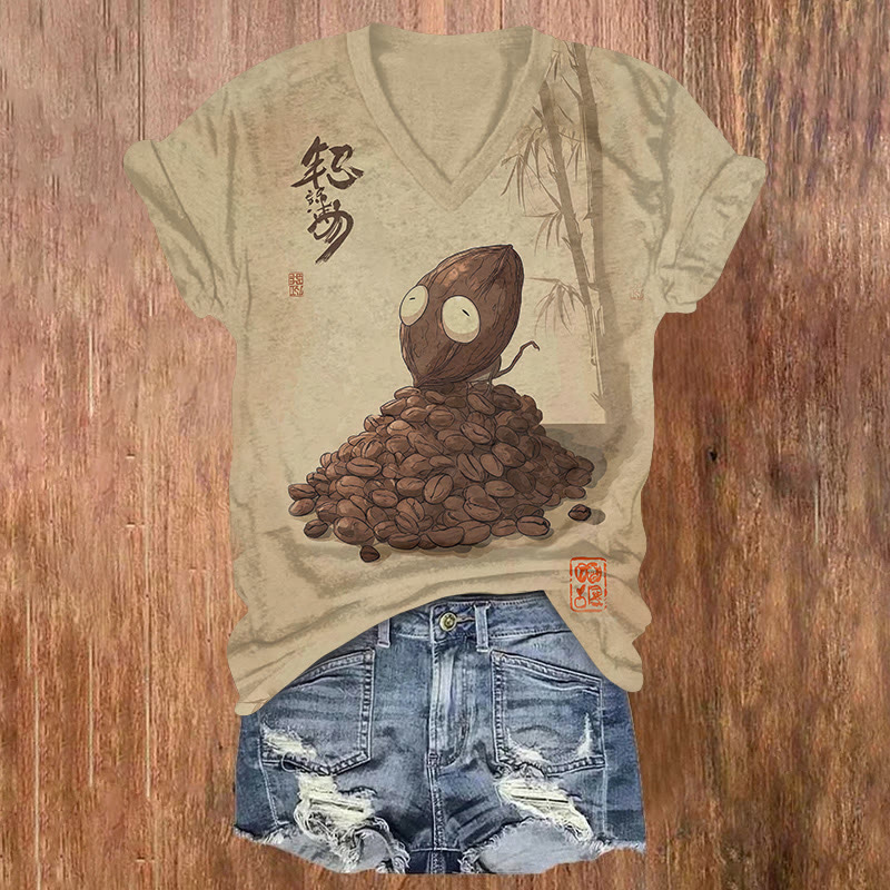 Vintage Funny Coffee Bean Print Short Sleeved V-neck T-shirt - Khaki - US32-34(5XL) - image 1