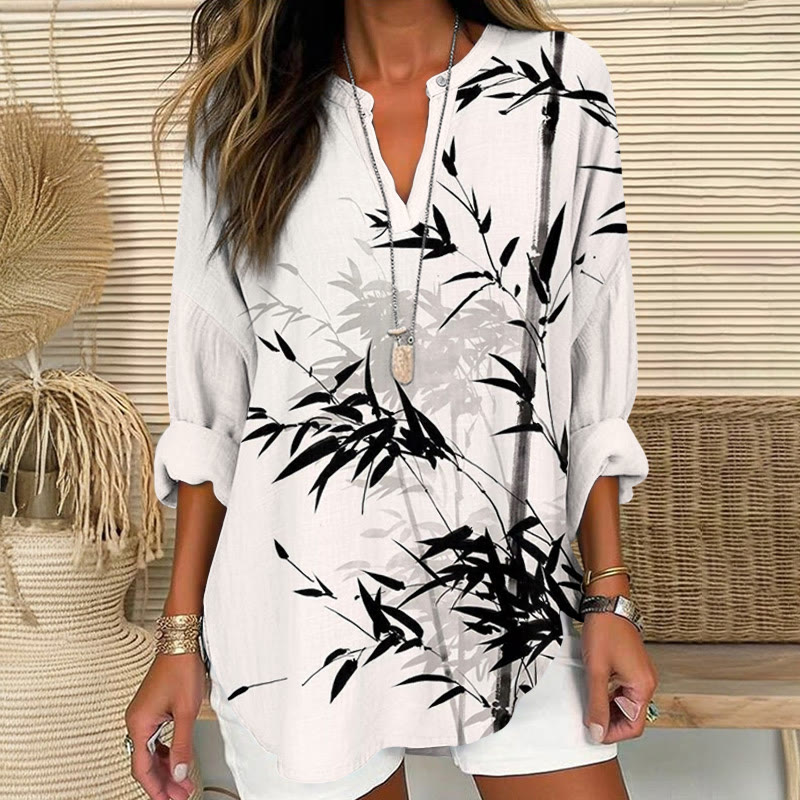 Ink Watercolor Bamboo Art Print V Neck Long Sleeve Blouse - White - 8XL - image 1