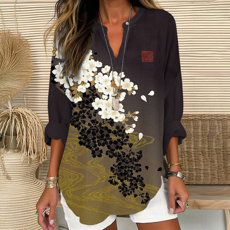 Retro Black & White Floral Art Print V Neck Long Sleeve Blouse - Black - 8XL - image 1