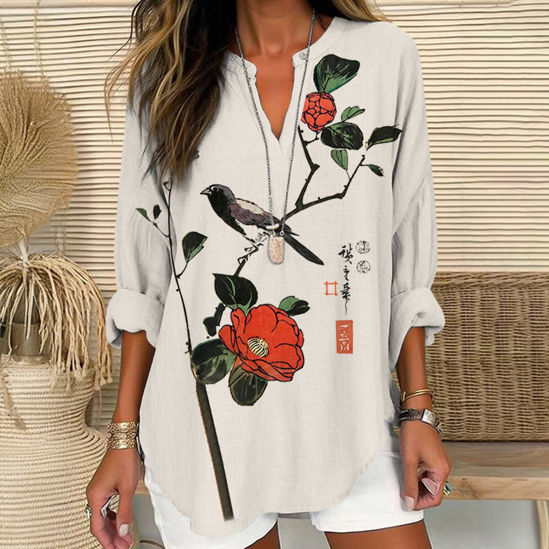 Bird & Blossom Painting Art Print V Neck Long Sleeve Blouse - Beige - 8XL - image 1