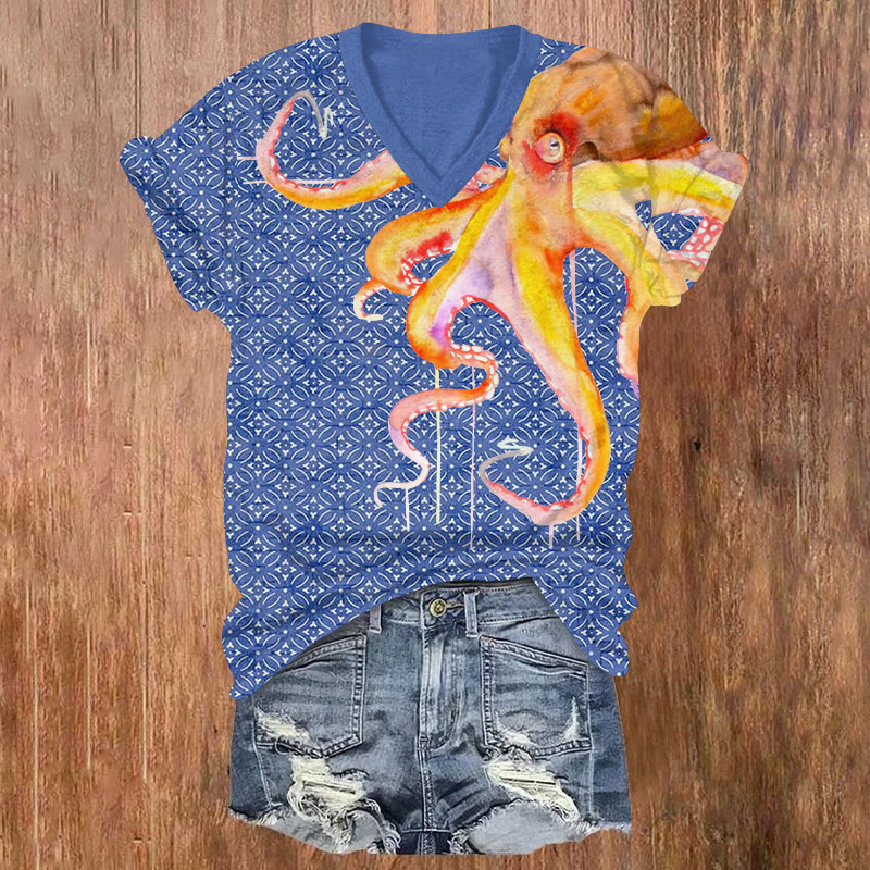 Ocean Watercolor Octopus Geometry Pattern Print Short Sleeved V-neck T-shirt - Blue - US32-34(5XL) - image 1