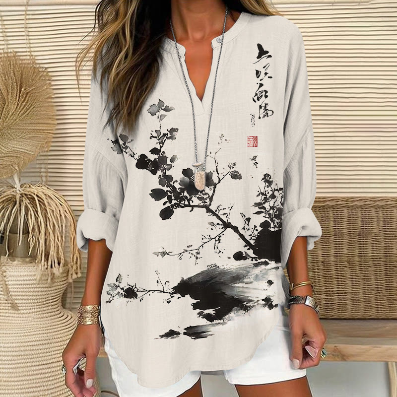 Retro Ink Watercolor Branch Art Print V Neck Long Sleeve Blouse - Beige - 8XL - image 1
