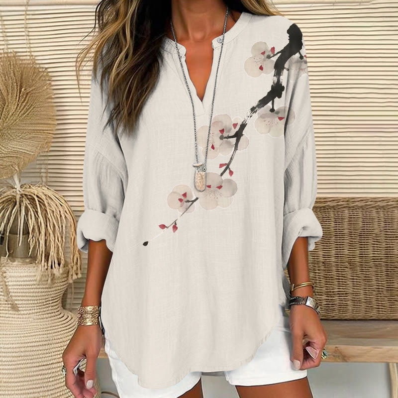 Simple Plum Bossom Art Print V Neck Long Sleeve Blouse - Beige - 8XL - image 1