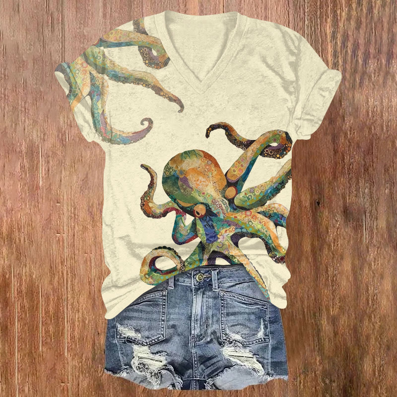 Ocean Octopus Geometric Patchwork Pattern Print Short Sleeved V-neck T-shirt - Apricot - US32-34(5XL) - image 1