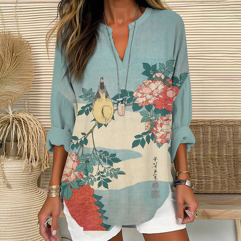 Japanese Blossom & Bird Art Print V Neck Long Sleeve Blouse - Blue - 8XL - image 1