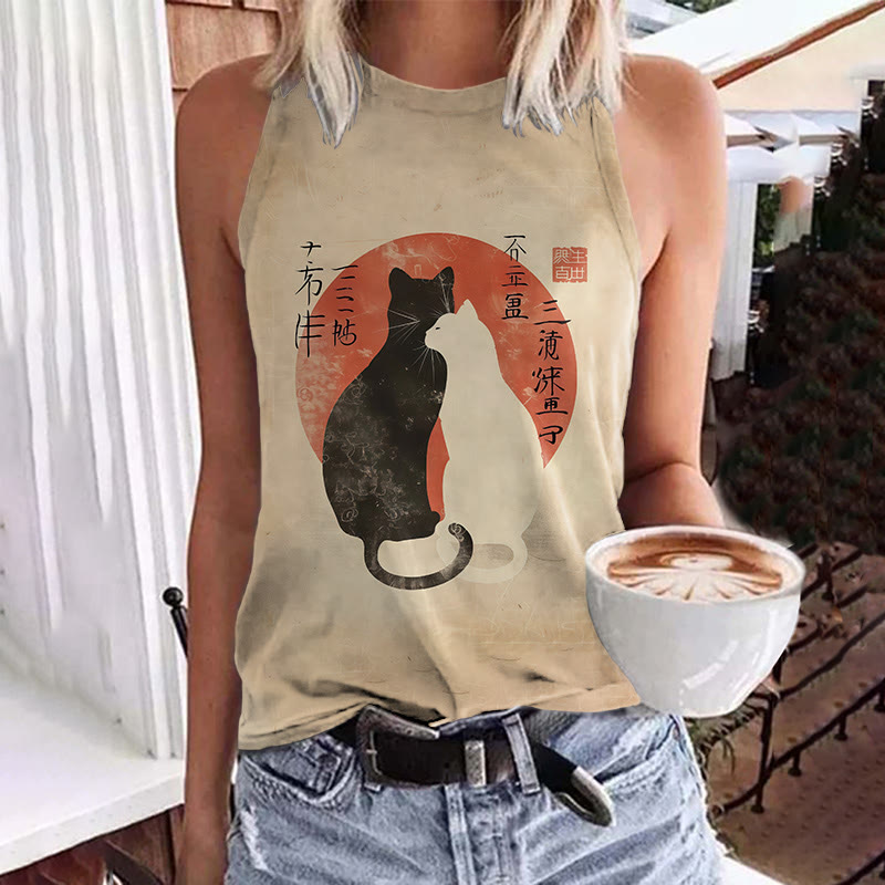 Japanese Black & White Couple Cats Print Crew Neck Tank Top - Apricot - 5XL - image 1