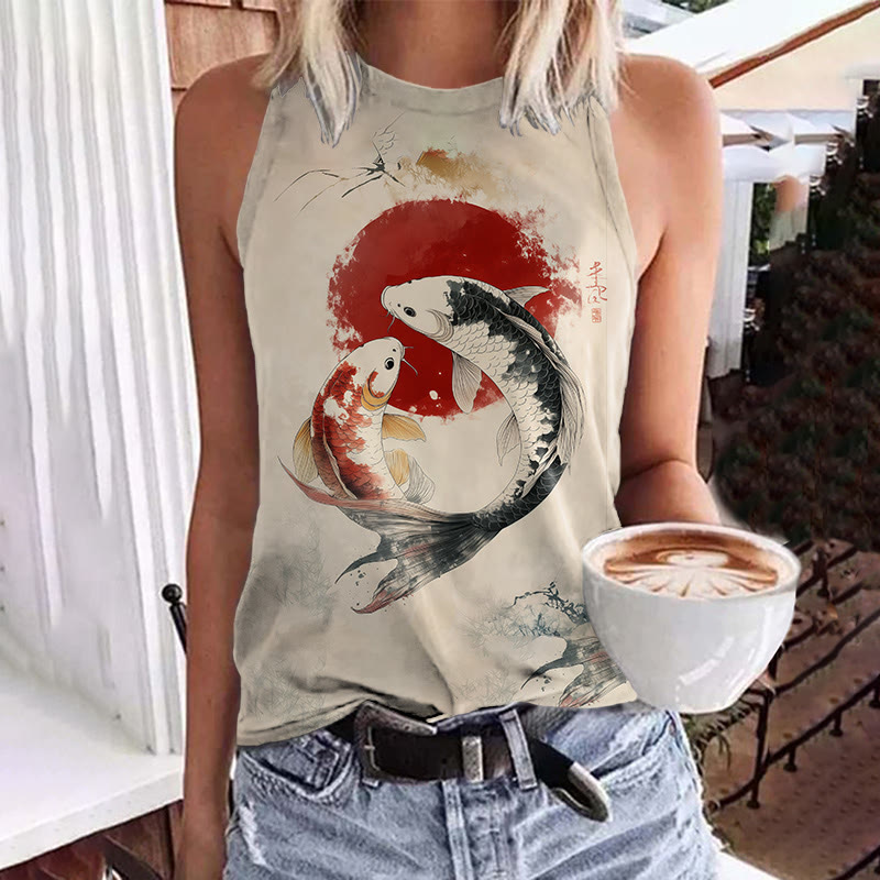 Watercolor Koi Art Print Crew Neck Tank Top - Beige - 5XL - image 1