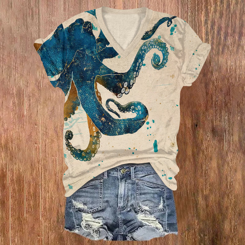 Ocean Ink-wash Gold Line Octopus Pattern Print Short Sleeved V-neck T-shirt - Apricot - US32-34(5XL) - image 1