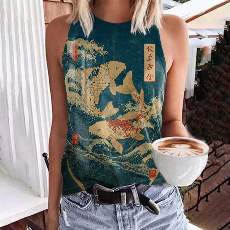 Japanese Ocean Wave Koi Print Crew Neck Tank Top - Blue - 5XL - image 1