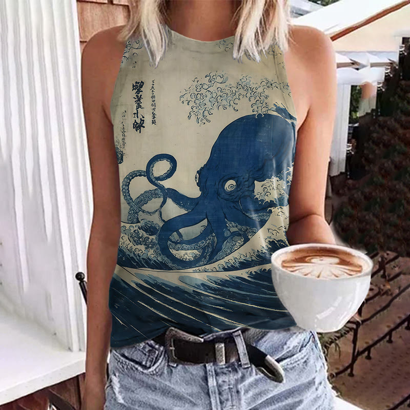 Japanese Vintage Ocean Blue Octopus Print Crew Neck Tank Top - Blue - 5XL - image 1