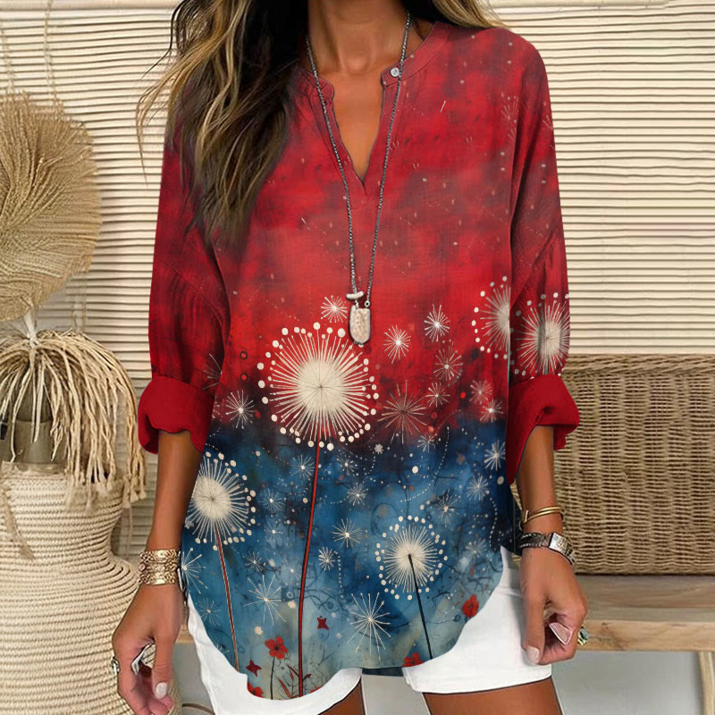 Independence Day Patriot Dandelion Fireworks Gradient Art Print V Neck Long Sleeve Blouse - Red - 8XL - image 1