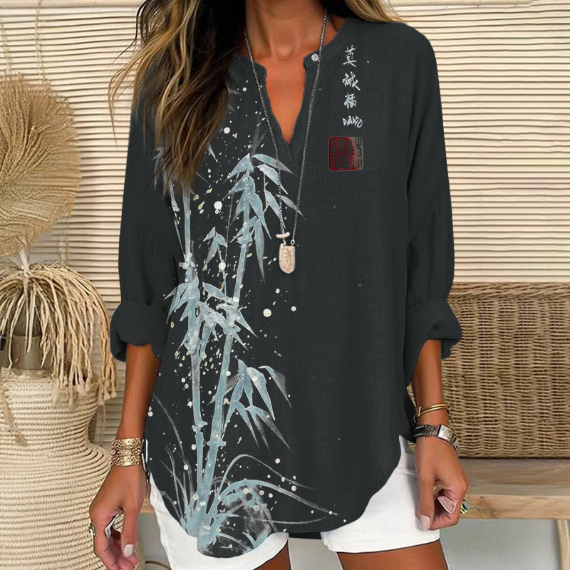 Vintage Creative Bamboo Pattern Art Print V Neck Long Sleeve Blouse - Black - 8XL - image 1