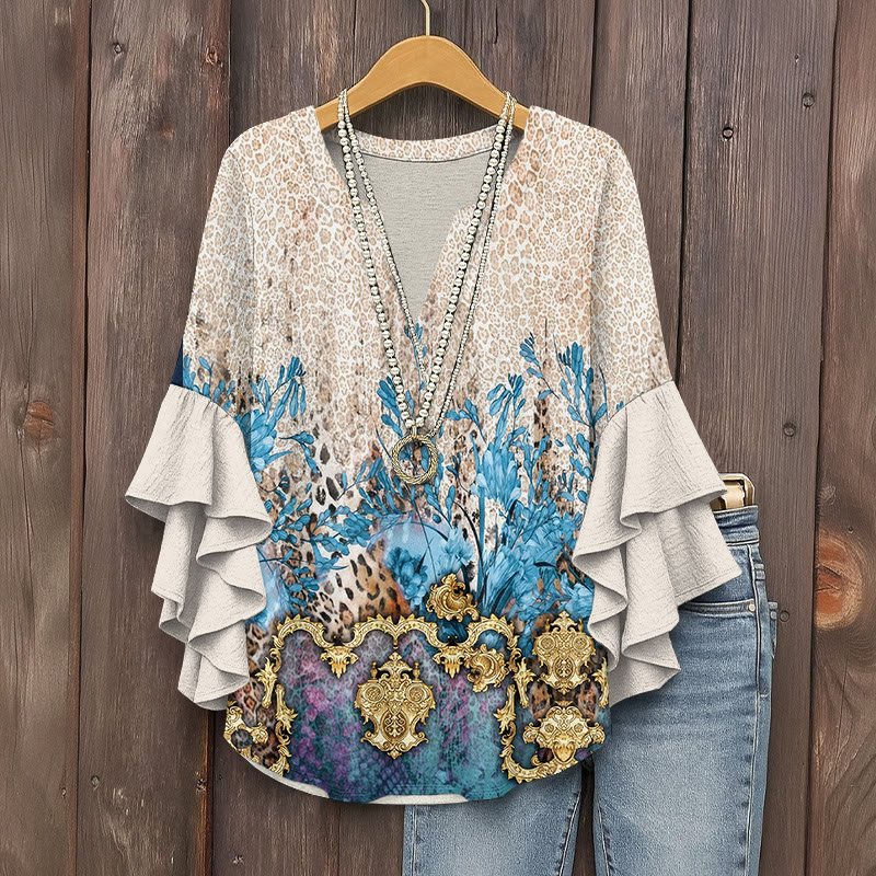 Vintage Leopard Print Floral Print V-neck Half Sleeve Blouse - Beige - 5XL - image 1